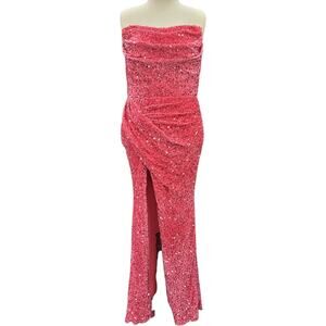 NWT Hot Pink Strapless Sequin Evening Gown with Corset Back on Velvet Fabric